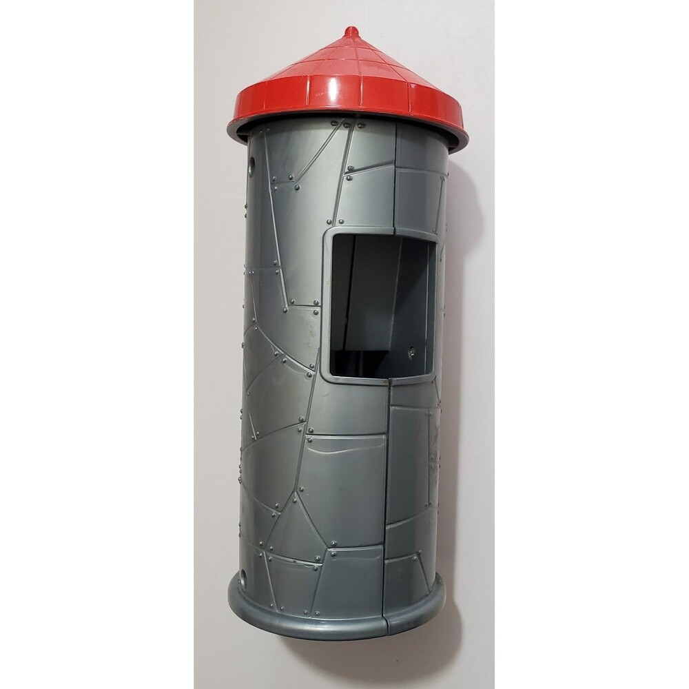 Vintage Toy Tower Silo w Chute and Moving Door Gray Red 9" Plastic Play Mobil?
